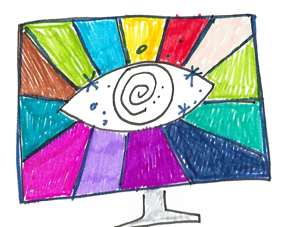 Hand-drawn monitor with a rainbow spiral eye — the Visionary Artifact